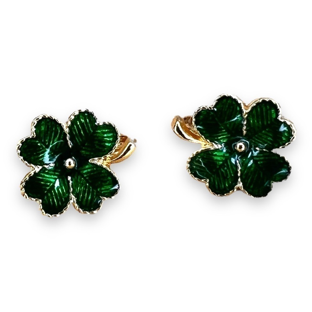 Vintage Avon Earrings Lucky Clover Green Gold Clip On Style